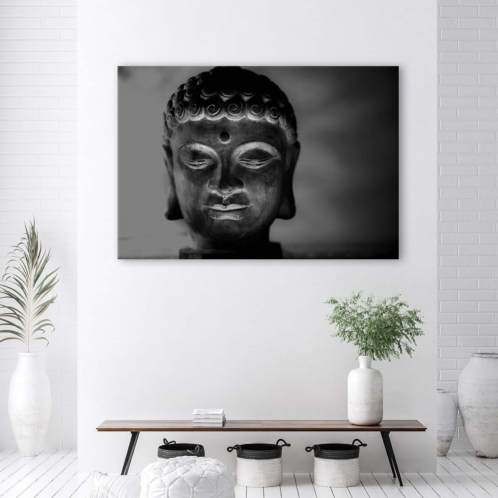 Cadre imprimé sur toile avec image de tête de bouddha illuminée de couleur blanc et noir fabriqué en mdf et toile feeby-01