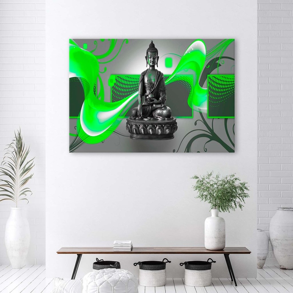 Cadre imprimé sur toile avec image de bouddha sur fond abstrait vert fabriqué en mdf feeby-01