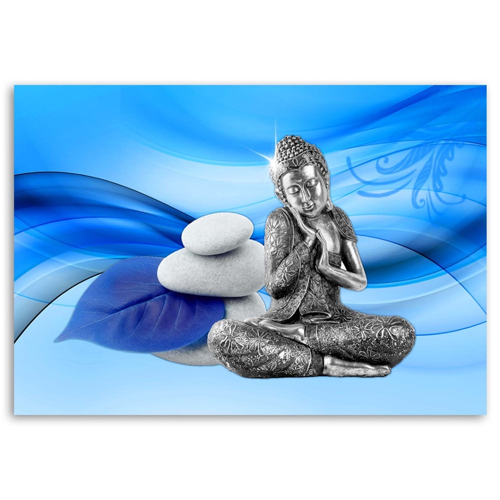 Cadre imprimé sur toile avec image de bouddha sur fond bleu fabriqué en mdf feeby-02