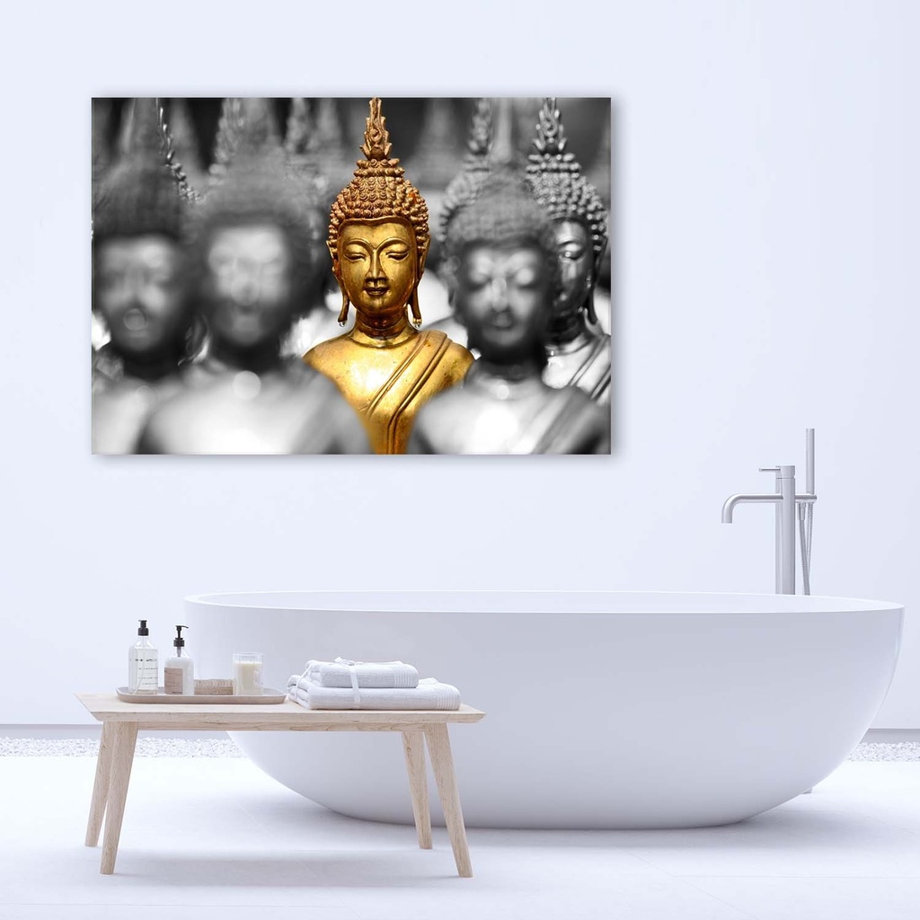 Cadre décoratif avec image de bouddha doré dans la foule gris et noir feeby-01