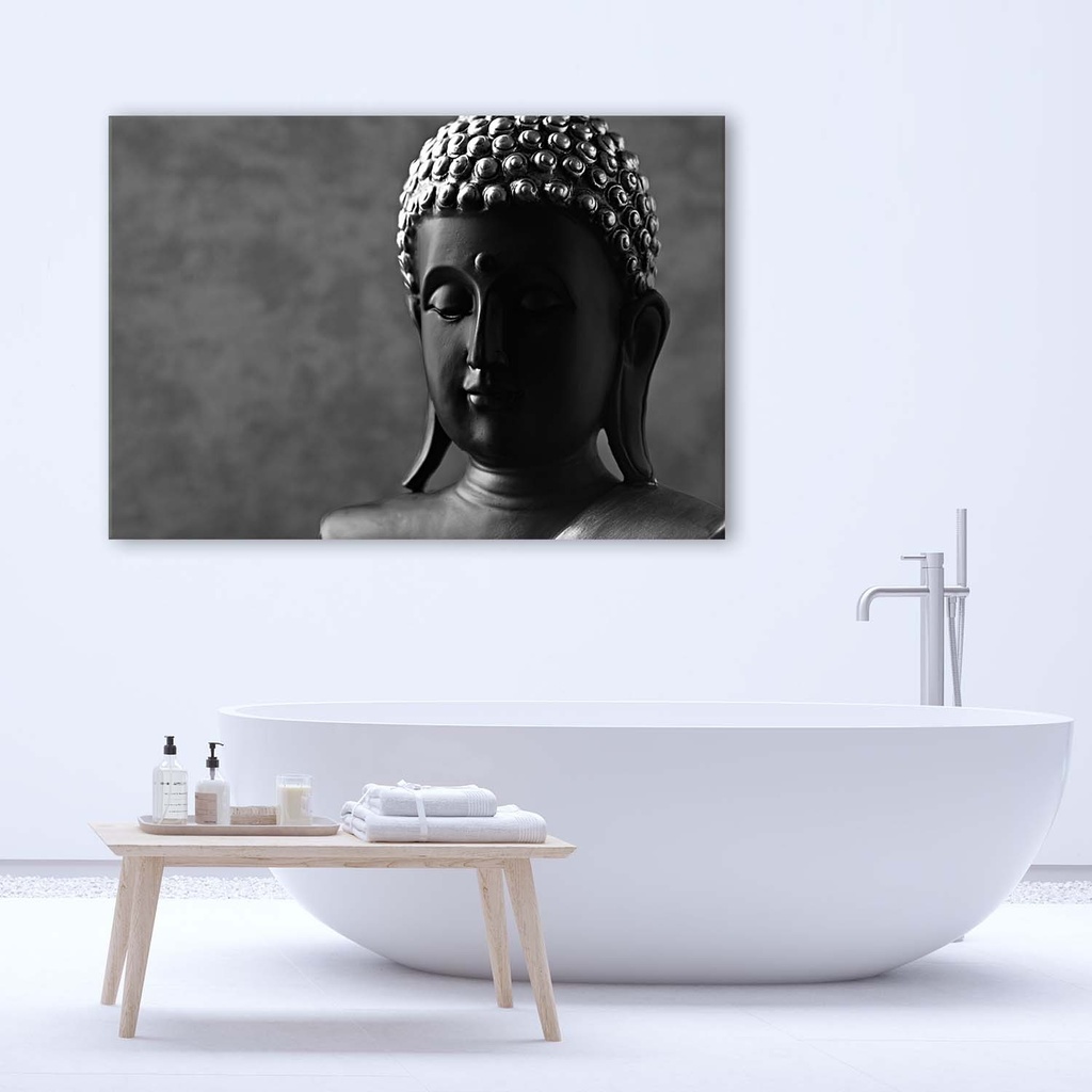 Cadre décoratif en hdf avec image de tête de bouddha finition dans les tons gris et noir feeby-01