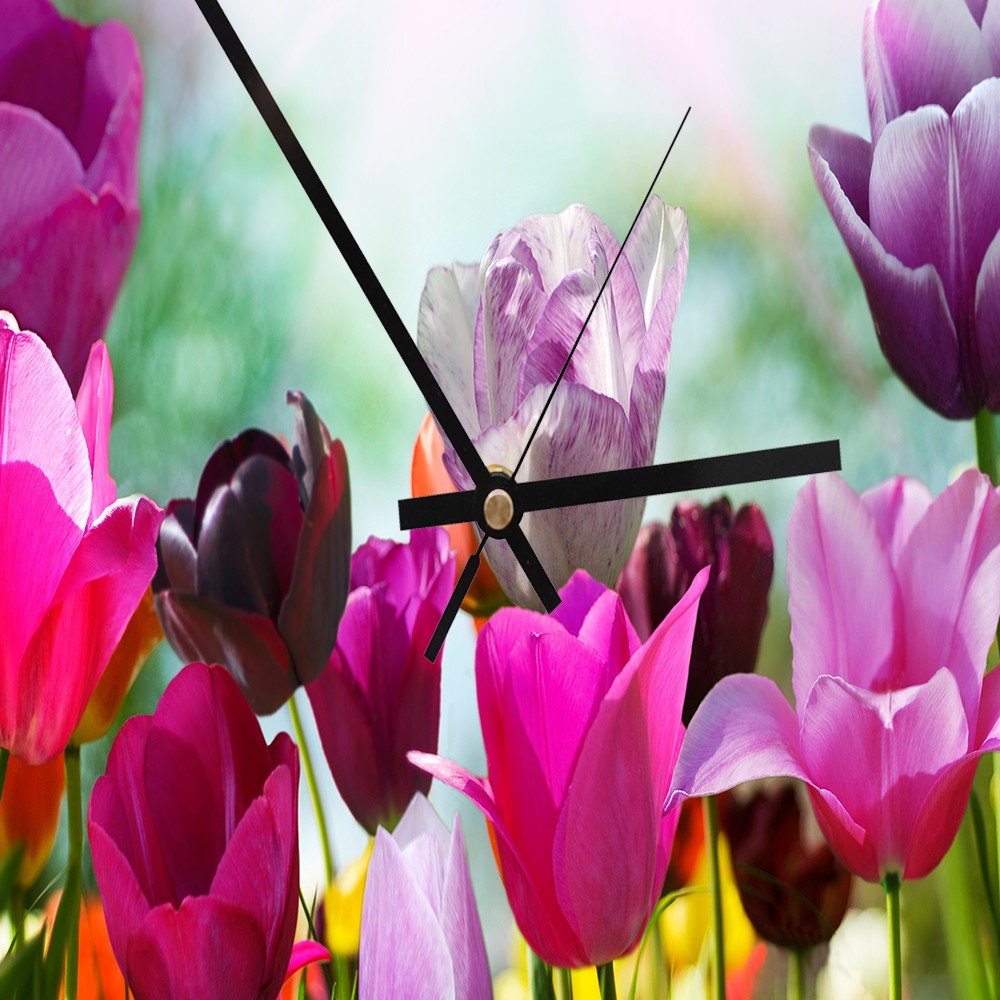 Horloge murale arrondie avec image décorative de tulipes colorées feeby-02