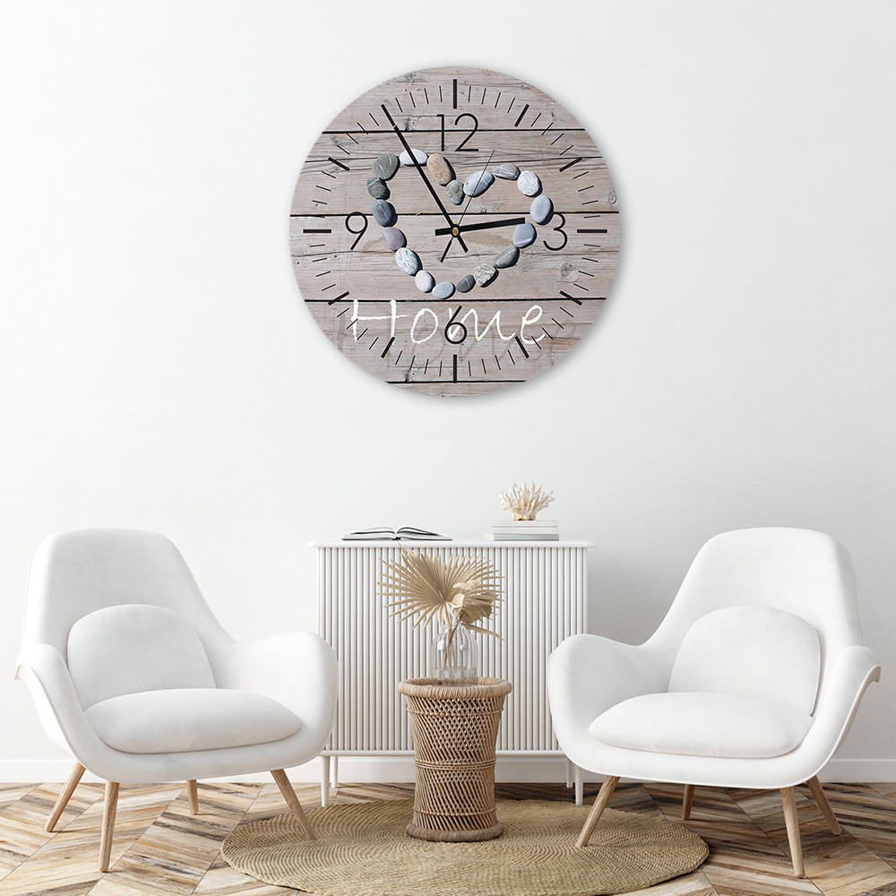 Horloge murale avec dessin de pierres formant un cœur de couleur grise fabriqué en hdf avec papier satiné feeby-01