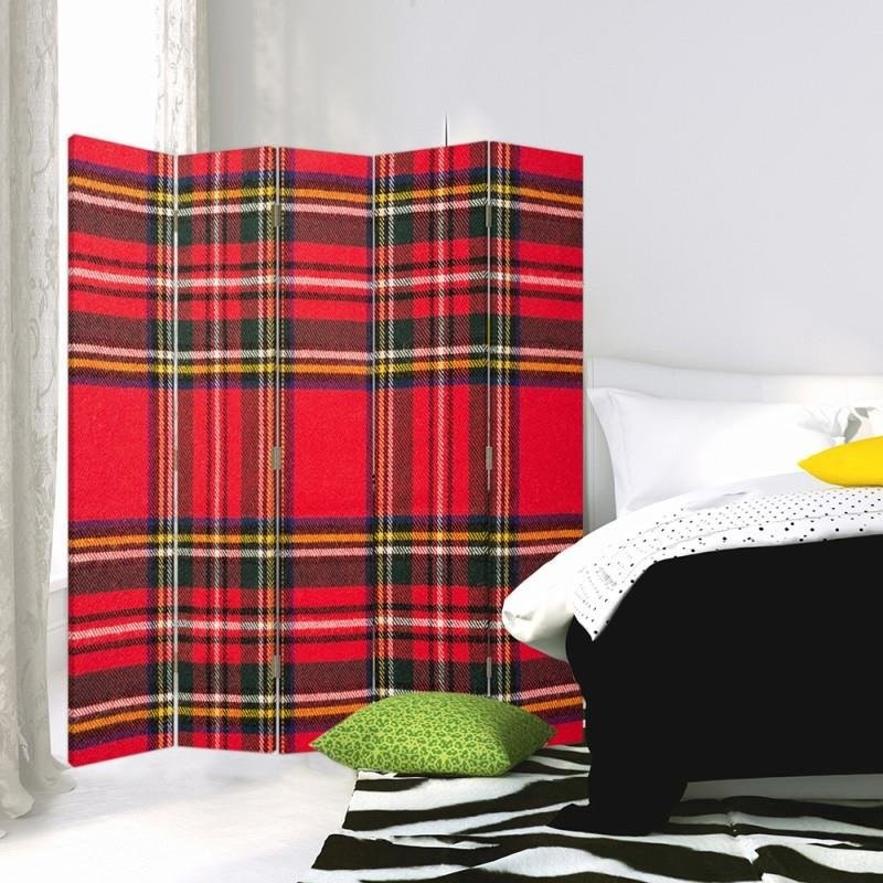 Paravent à deux faces 180 cm fabriqué en mdf et toile avec décor tartan rouge feeby-01