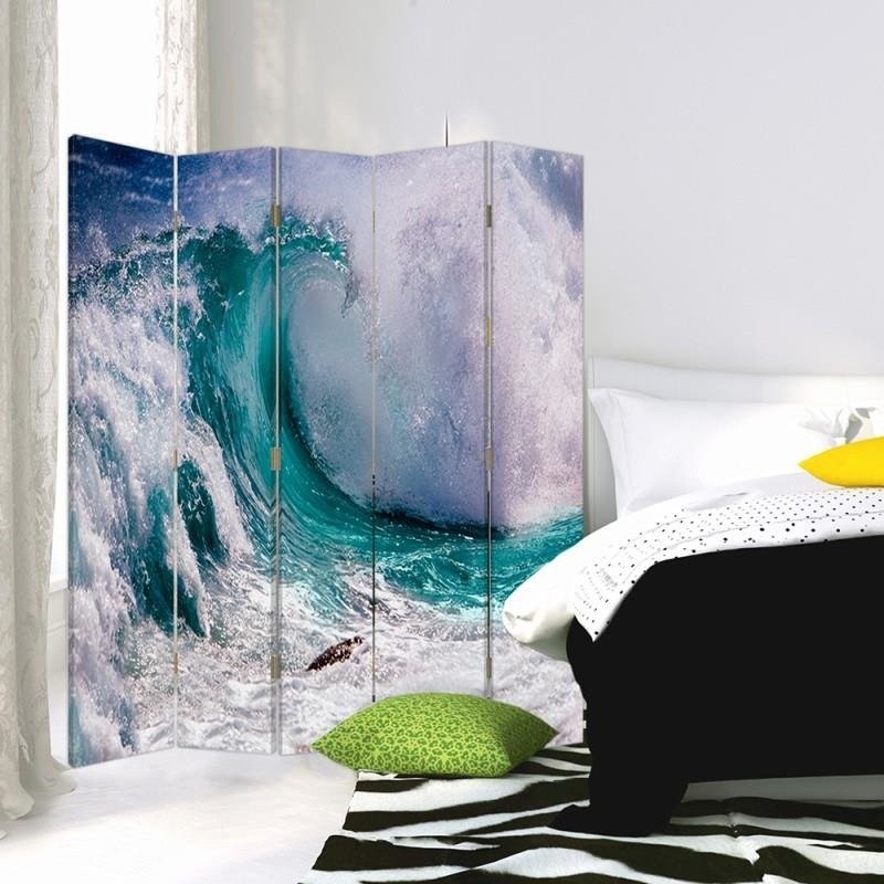 Paravent séparateur d'espaces avec image d'une vague pendant la tempête imprimée sur toile avec finition bleue et cadre en mdf f-01