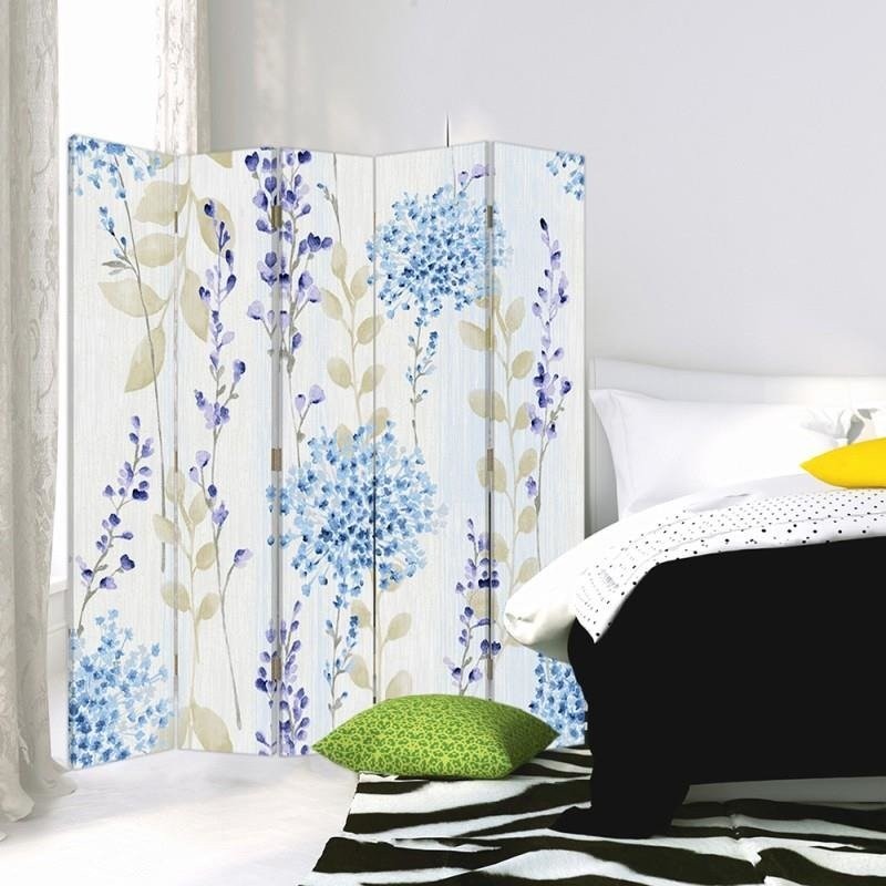 Paravent séparateur d'espaces avec motif petites fleurs imprimé sur toile avec finition bleue et cadre en mdf feeby-01