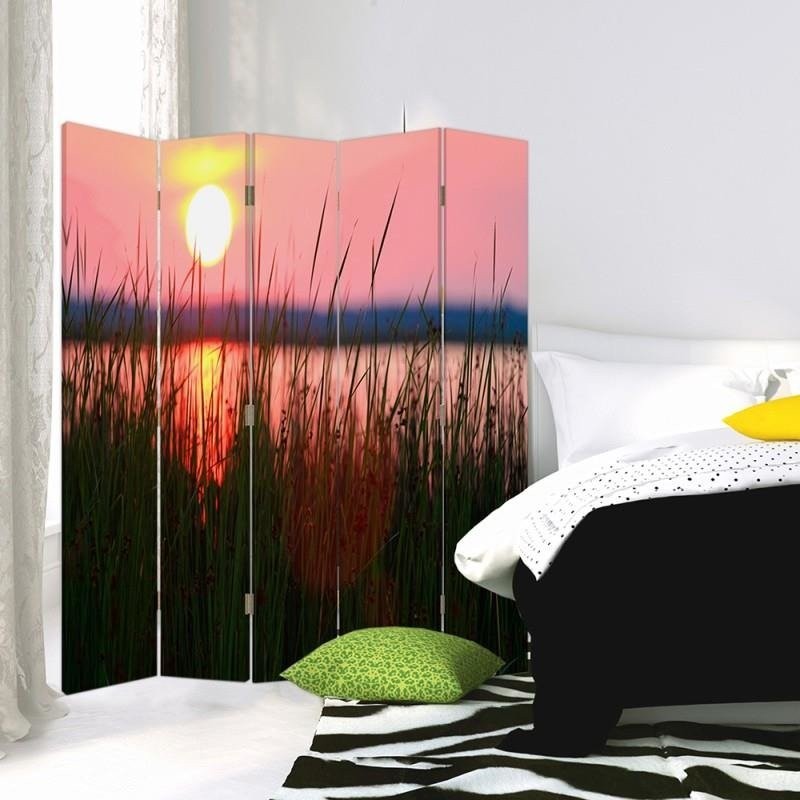 Paravent séparateur d'espaces avec coucher de soleil sur le lac imprimé sur toile avec cadre en mdf feeby-01