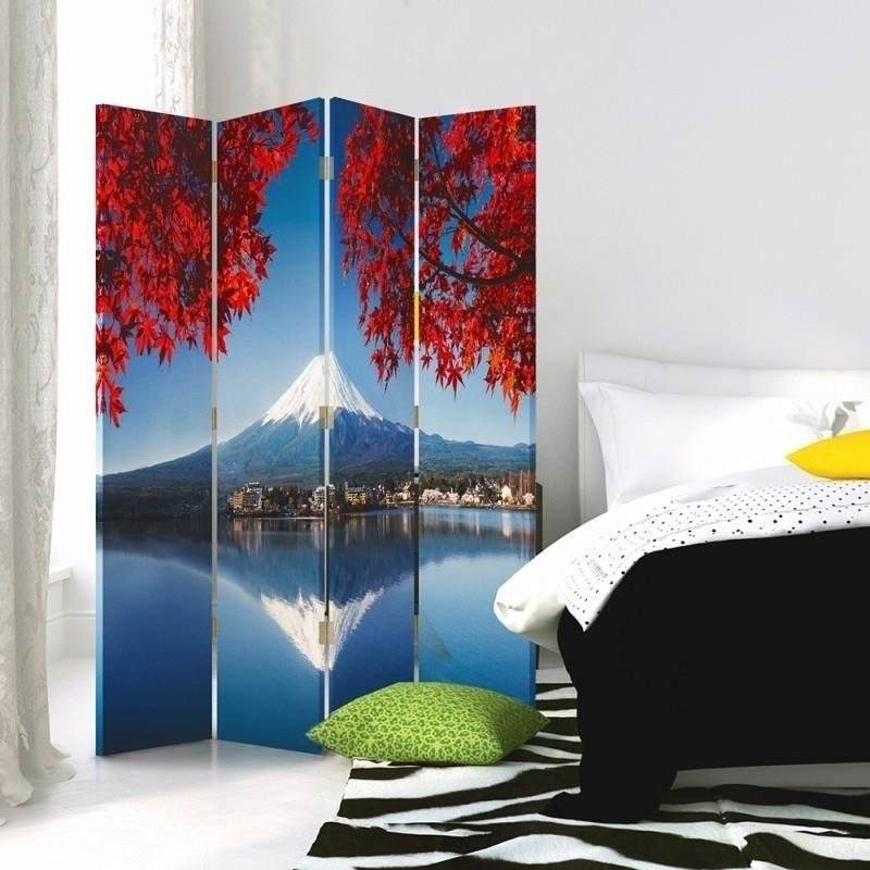 Paravent à deux faces 145 cm fabriqué en mdf et toile avec image du mont fuji et de feuilles rouges feeby-01