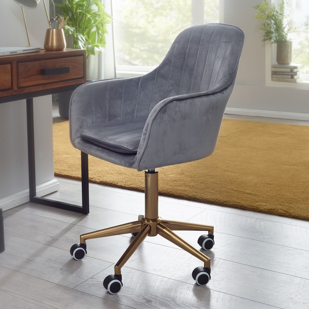 Chaise de bureau velours gris, avec dossier, jusqu'à 120 kg, réglable en hauteur, avec roulettes, pivotante_01