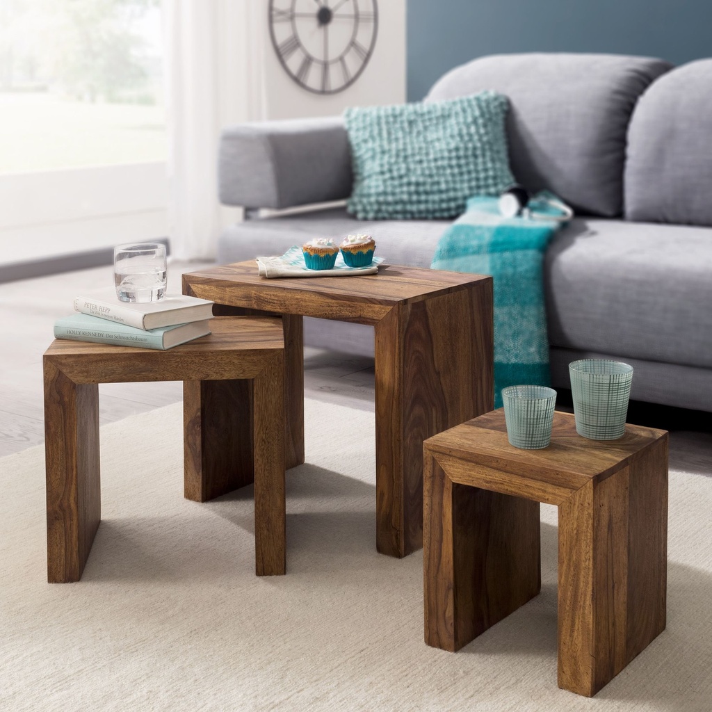 Set de 3 tables gigognes MUMBAI en bois massif de sheesham style maison de campagne, bois naturel marron foncé_01