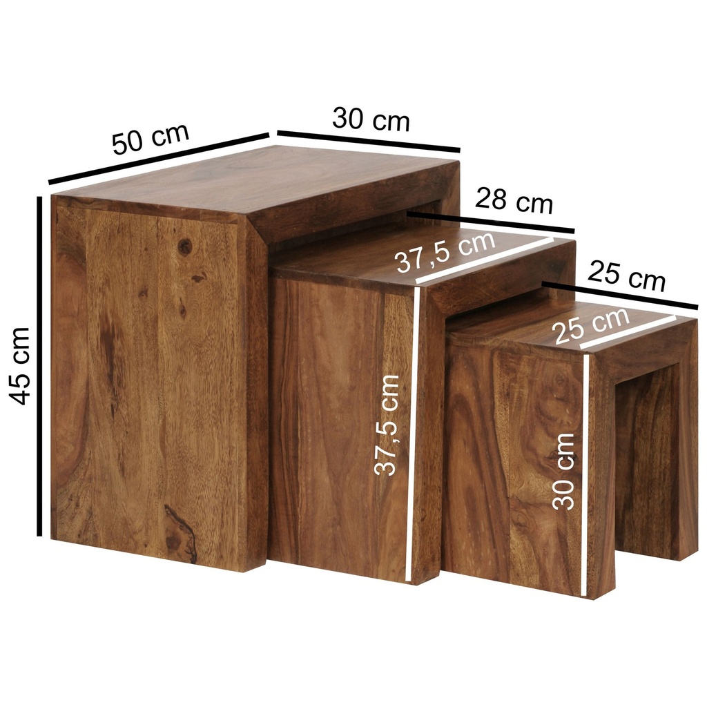 Set de 3 tables gigognes MUMBAI en bois massif de sheesham style maison de campagne, bois naturel marron foncé_03