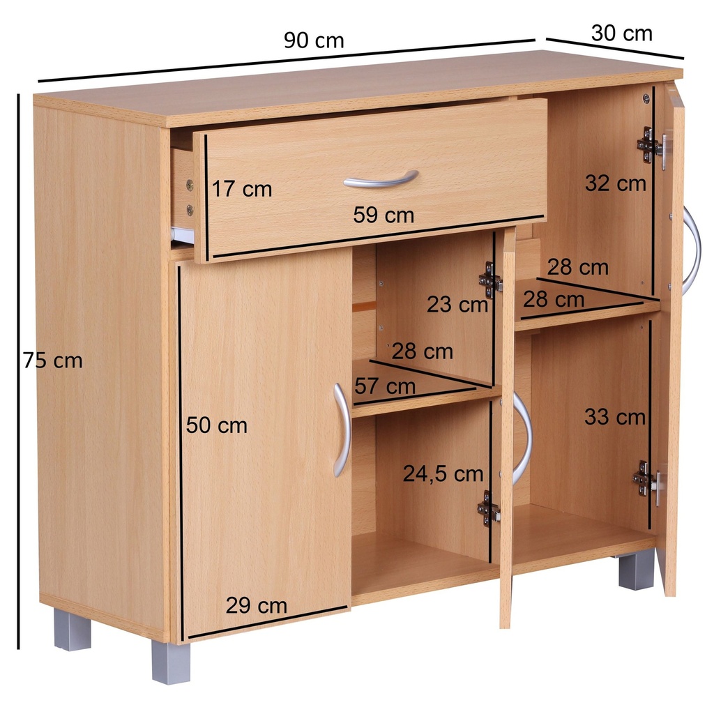 Buffet JARRY en hêtre avec 1 tiroir & 3 portes 90 x 75 x 30 cm avec poignées_02