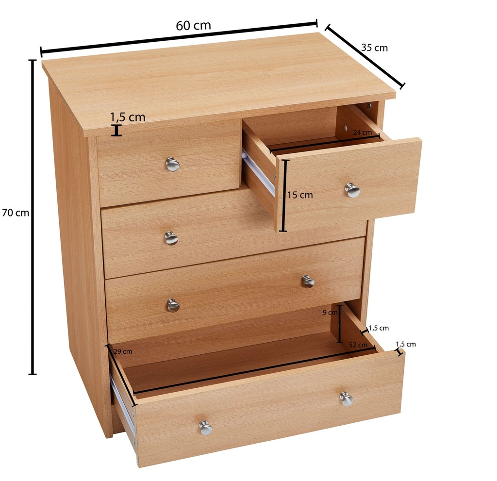 Design commode en bois PRUE 60 x 70 x 35 cm en hêtre avec 5 tiroirs_03