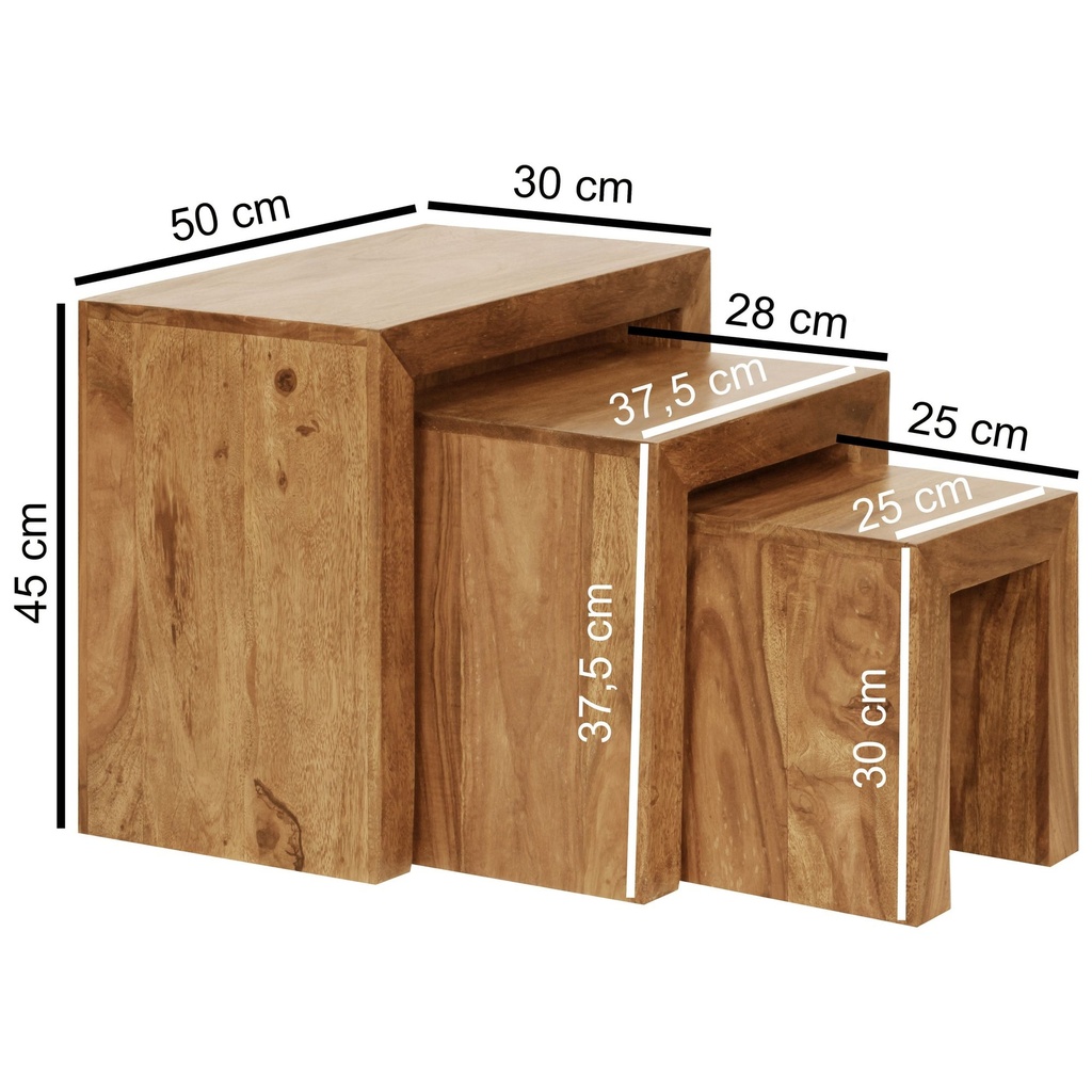 Set de 3 tables gigognes MUMBAI en bois massif d'acacia style maison de campagne, bois naturel marron foncé_03