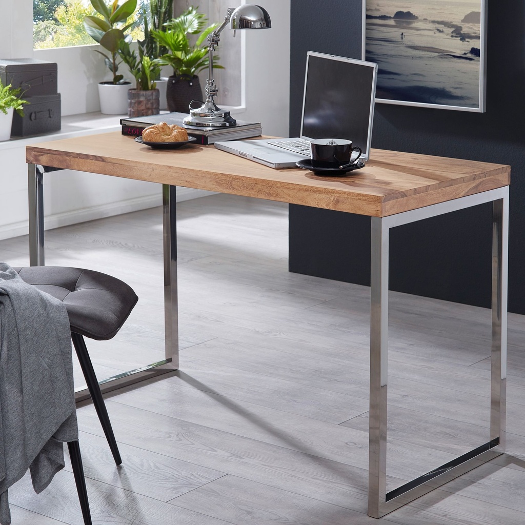 Bureau GUNA en bois d'acacia massif 120 x 60 cm, maison de campagne, avec pieds en métal_01