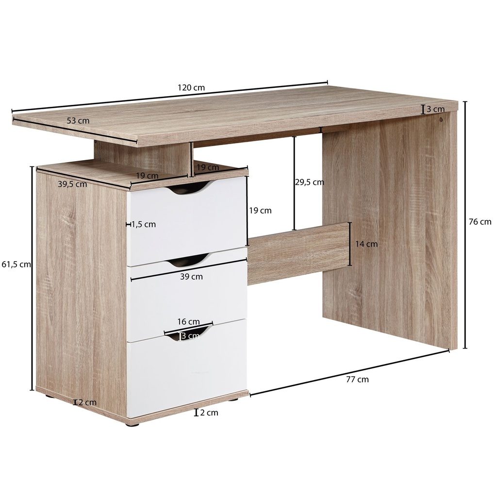 Bureau SAMO 120 x 76 x 53 cm avec 3 tiroirs en blanc Sonoma_03