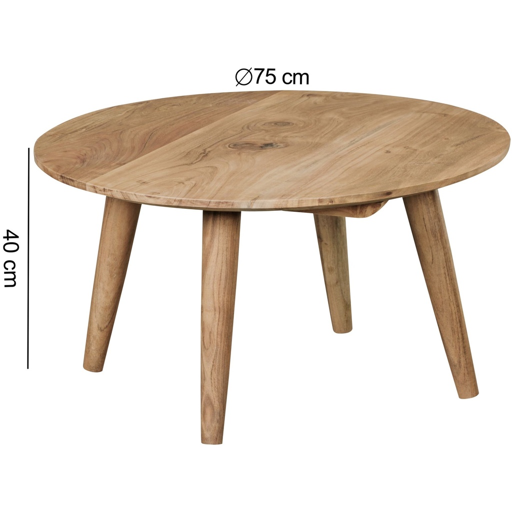 Table basse BOHA en bois d'acacia massif, ronde Ø75 x 40 cm, avec 4 pieds style maison de campagne_03