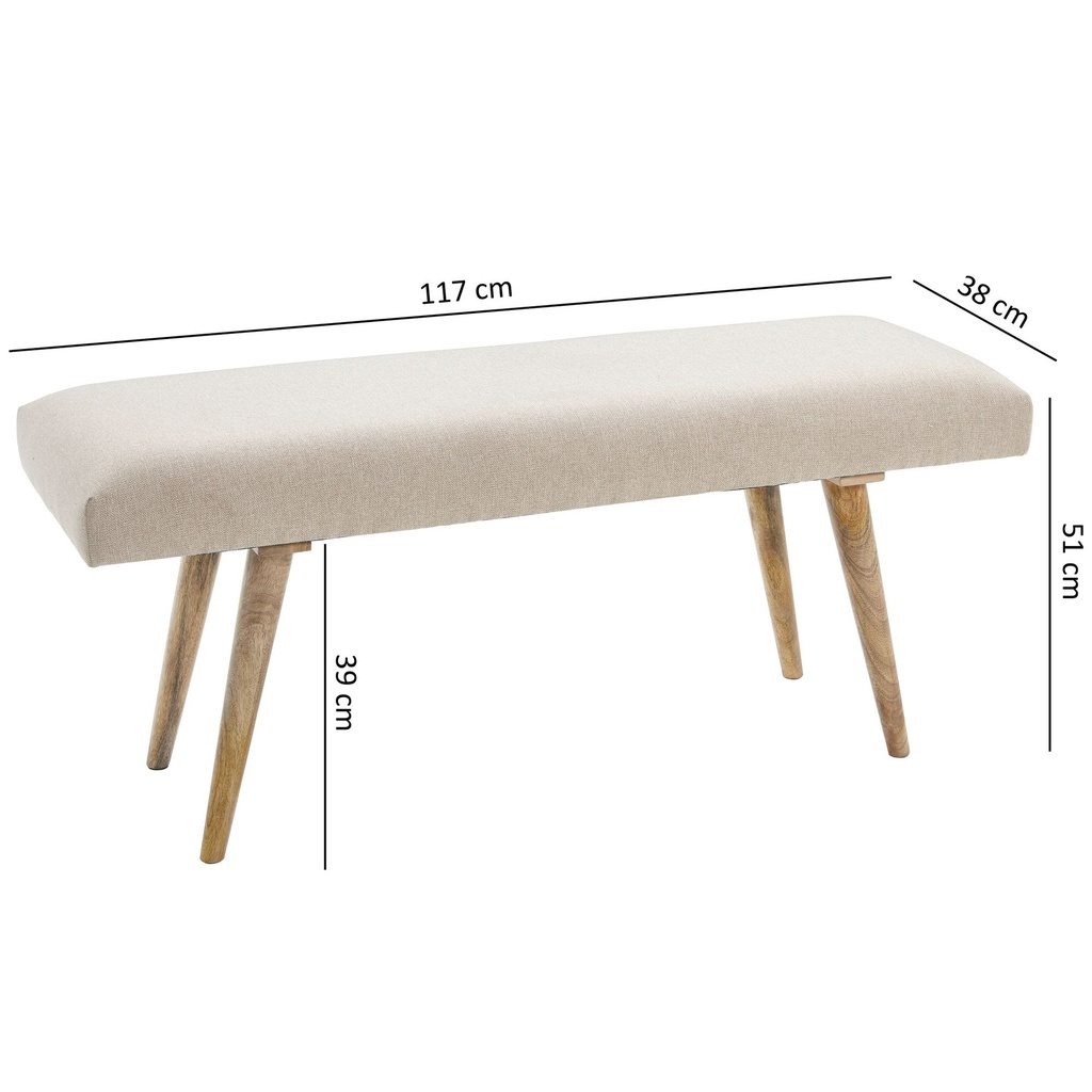 Banc SALIM en tissu / banc en bois massif beige 117x51x38 cm de style rétro_03