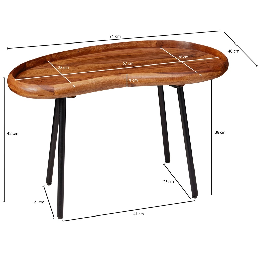 Table basse 71x42x40 cm en forme de haricot en sheesham massif avec pieds en métal_03