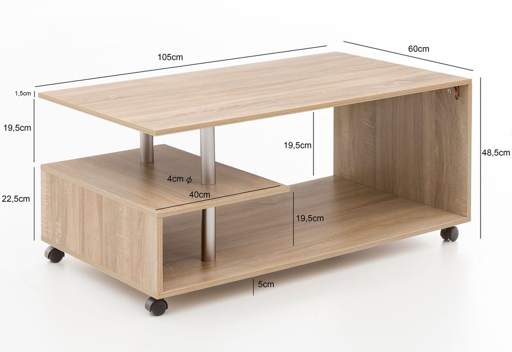 Table basse Design 105 x 48,5 x 60 cm Sonoma rotative avec roulettes_03