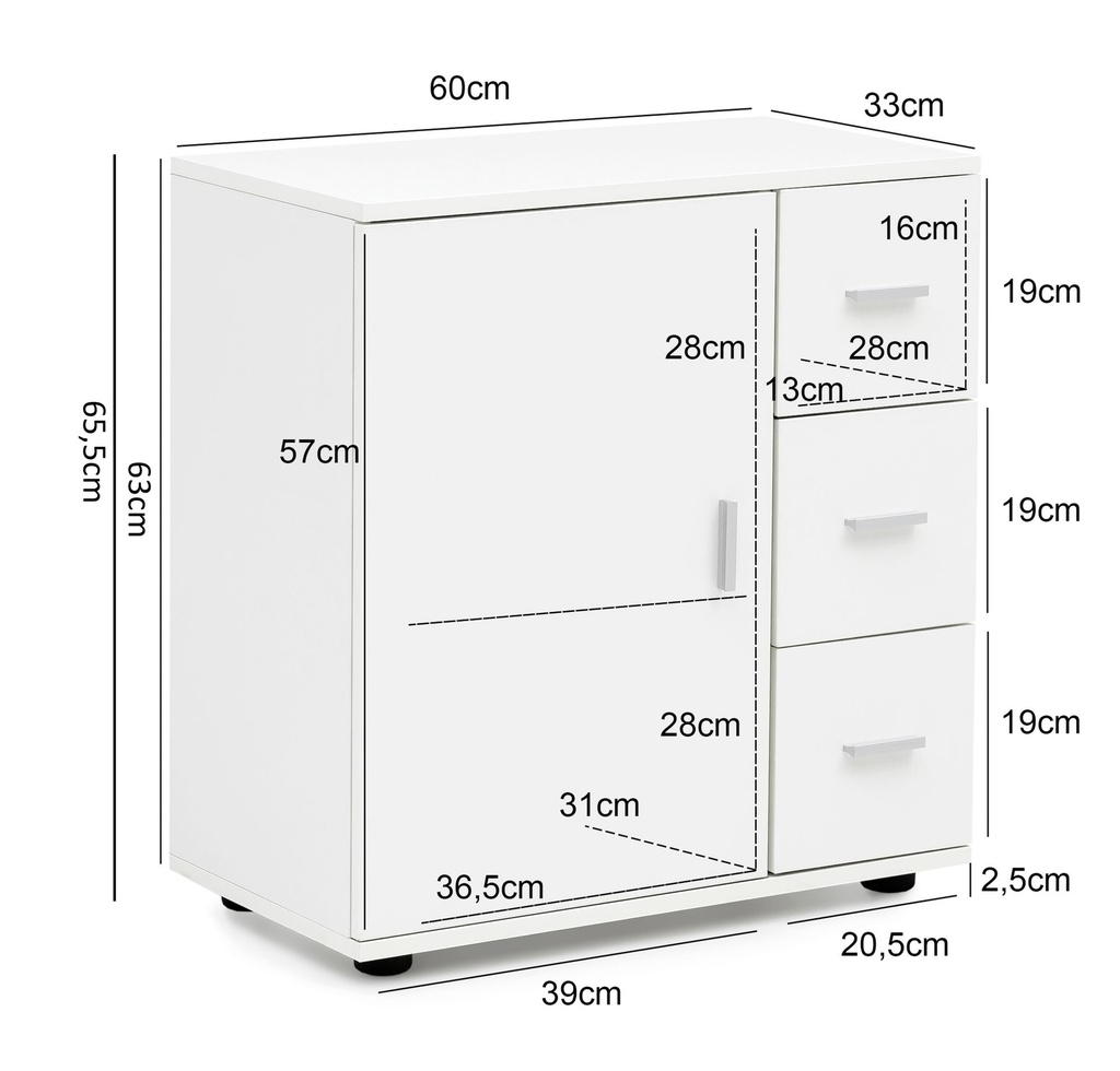 Meuble de salle de bain blanc 60 x 65,5 x 33 cm avec porte et tiroirs_03