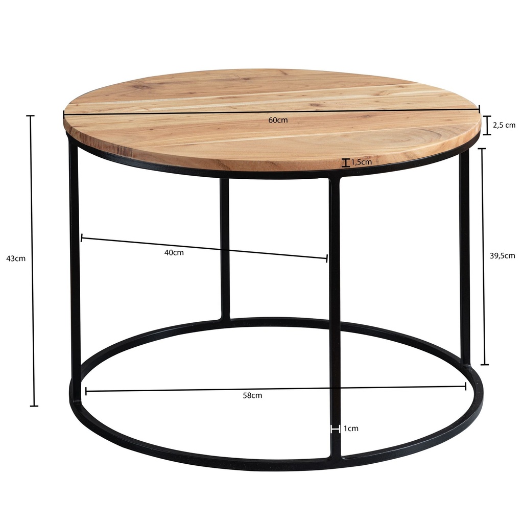 Table basse 60x43x60 cm bois d'acacia massif / métal, ronde, massif_03