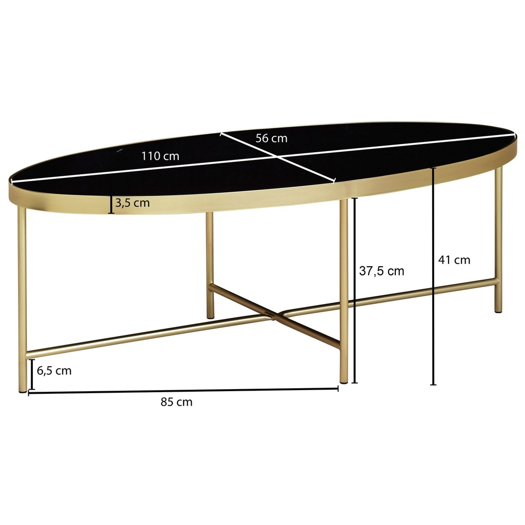 Table basse Design en verre noir - ovale 110 x 56 cm avec cadre en métal doré_03