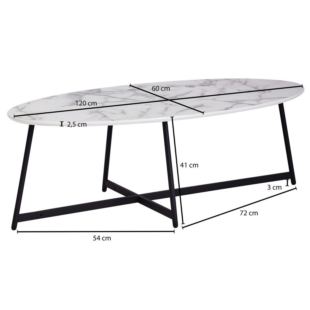 Design table basse ovale 120x60 cm aspect marbre blanc, avec pieds en métal noir_03