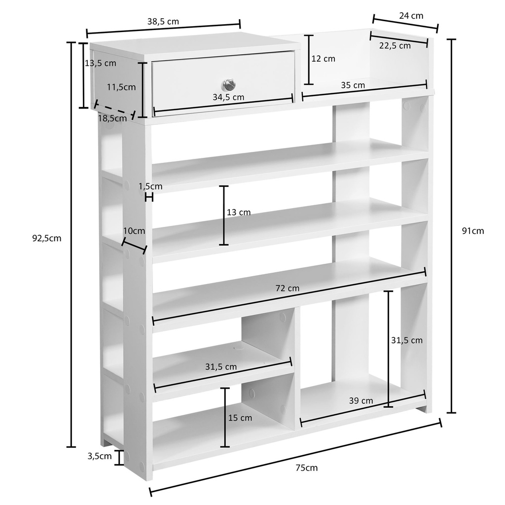 Étagère à chaussures Design 75 x 92,5 x 24 cm étagère de couloir blanc, avec 7 compartiments et avec tiroir_03