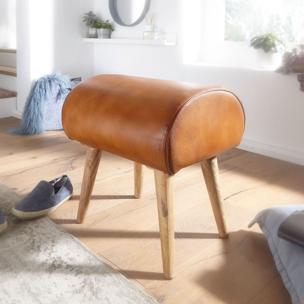 Tabouret cuir véritable / bois massif 45 x 53 x 40 cm_01