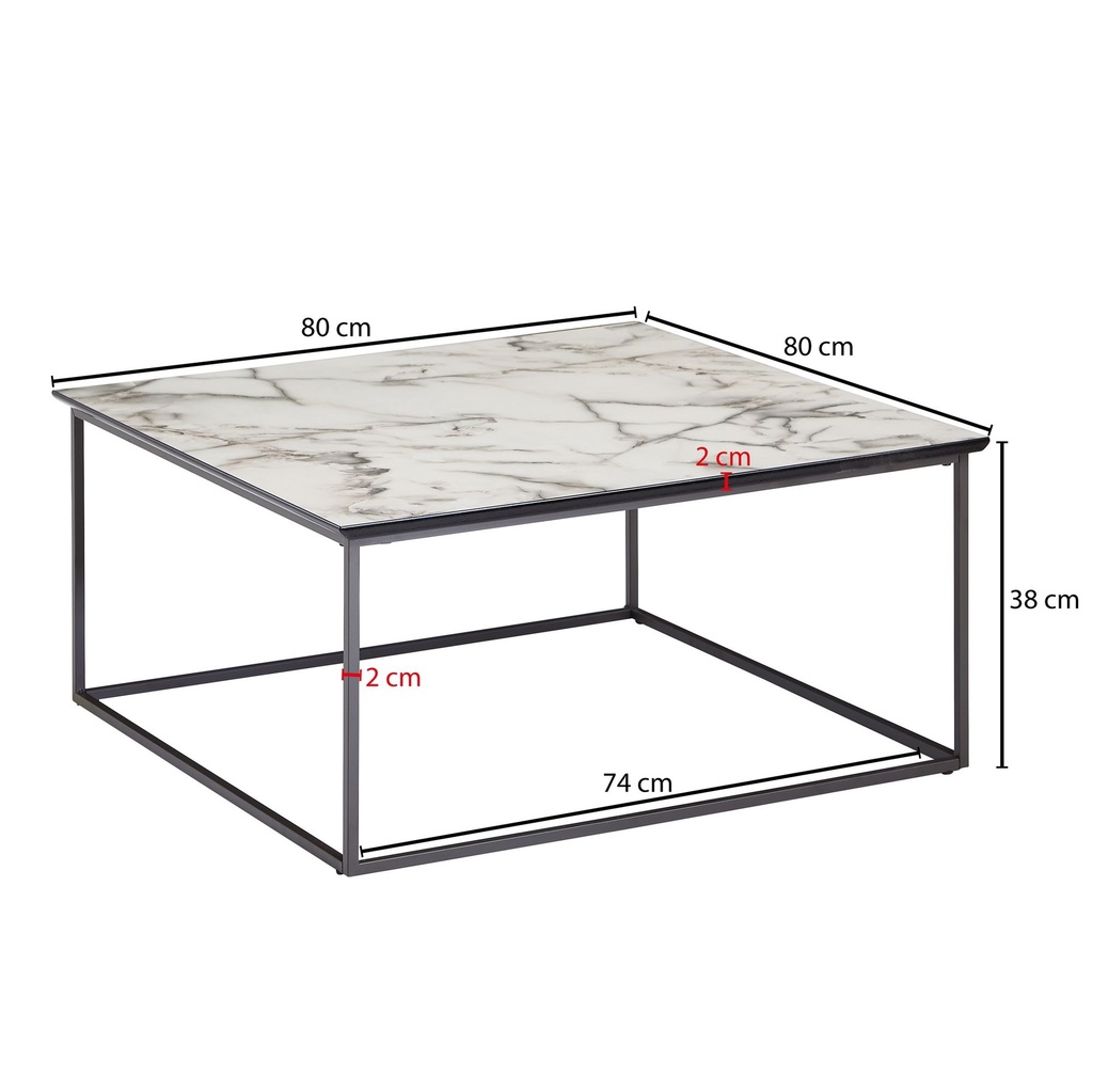 Table basse carrée 80 x 38 x 80 cm aspect marbre blanc, avec structure en métal noir_03