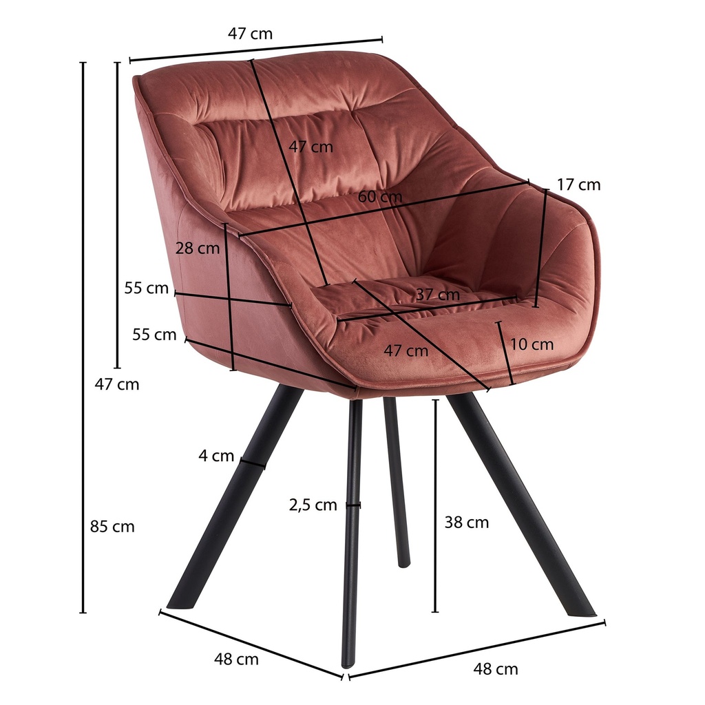 Chaise de salle à manger en velours rose rembourrée avec pieds noirs_02