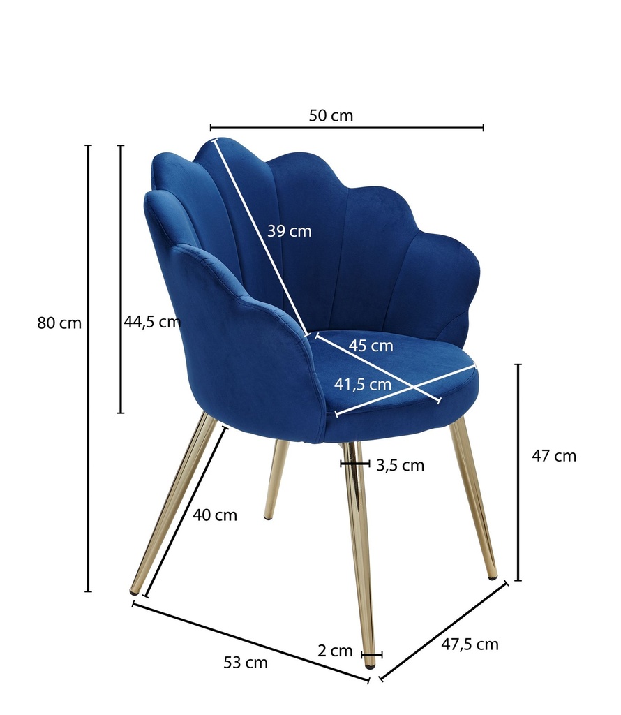 Chaise de salle à manger en velours tulipe bleu rembourrée avec pieds dorés_02