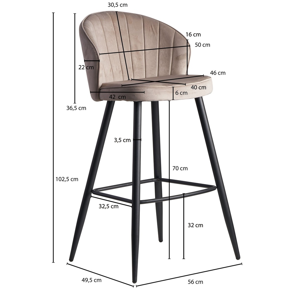 Tabouret de bar velours beige avec dossier 56 x 102,5 x 52,5 cm, tissu scandinave/métal 110 kg_02