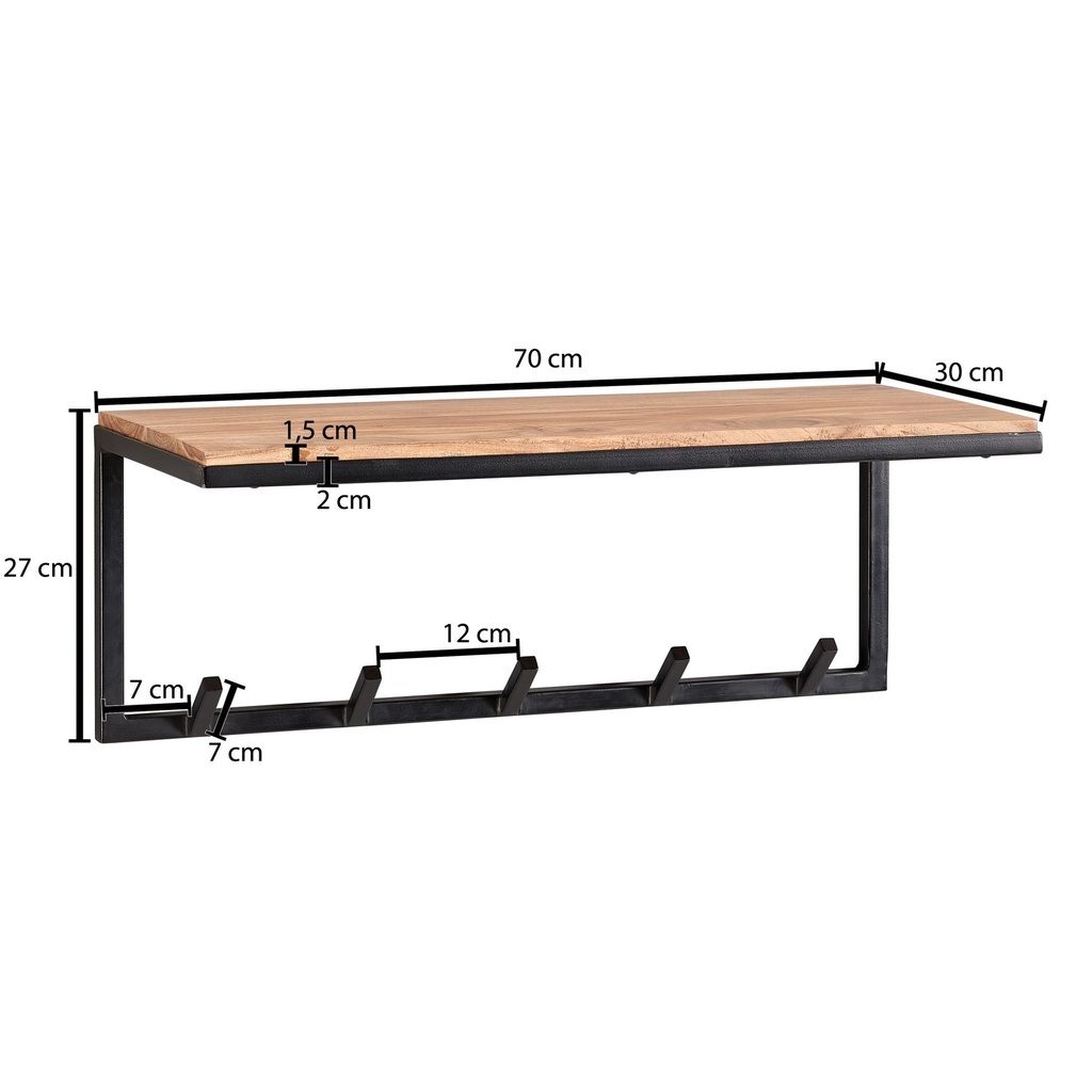 Design Porte-Manteau Mural Bois d'acacia Massif/Métal 70x27x30 cm, Porte-Manteau avec étagère, Porte-Manteau de Couloir Bois Mural_03