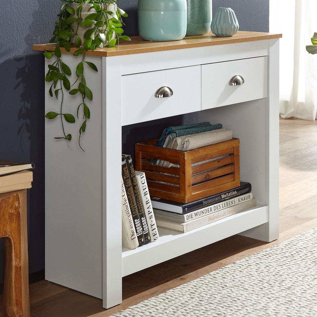 Table console 85x35x76 cm blanc / chêne buffet design moderne étroit, table de rangement de couloir avec tiroirs et espace de rangement, table de couloir haute_01