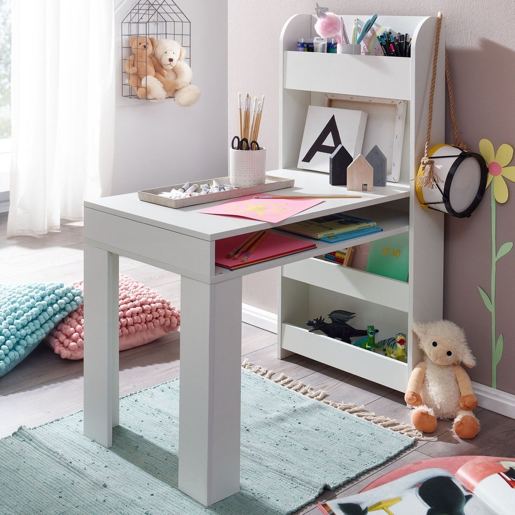 Bureau pour enfants blanc 90x50x110 cm table à peindre chambre d'enfant avec étagère, table pour enfants moderne, bureau d'étudiant avec espace de rangement_01