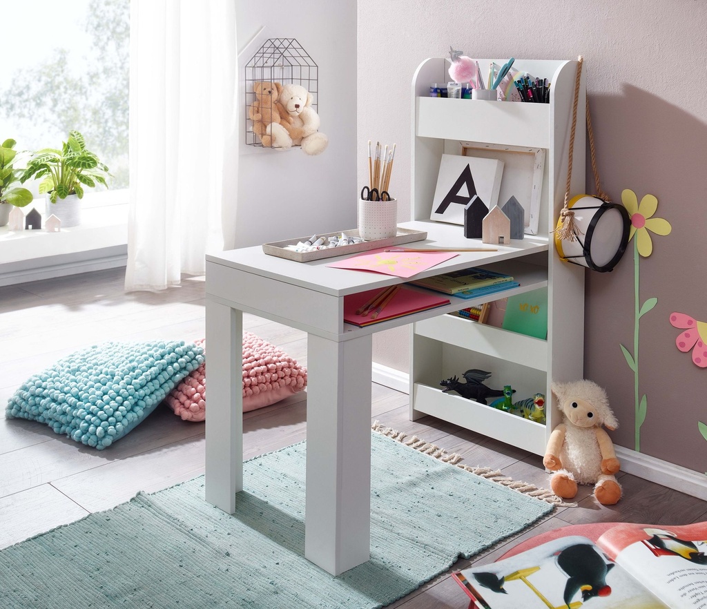 Bureau pour enfants blanc 90x50x110 cm table à peindre chambre d'enfant avec étagère, table pour enfants moderne, bureau d'étudiant avec espace de rangement_02