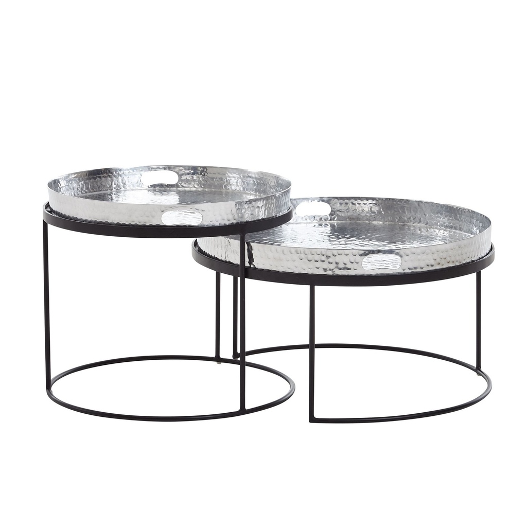 Lot de 2 tables basses rondes martelées en métal argenté/noir, table de canapé avec plateau amovible, table de canapé 2 pièces moderne_06