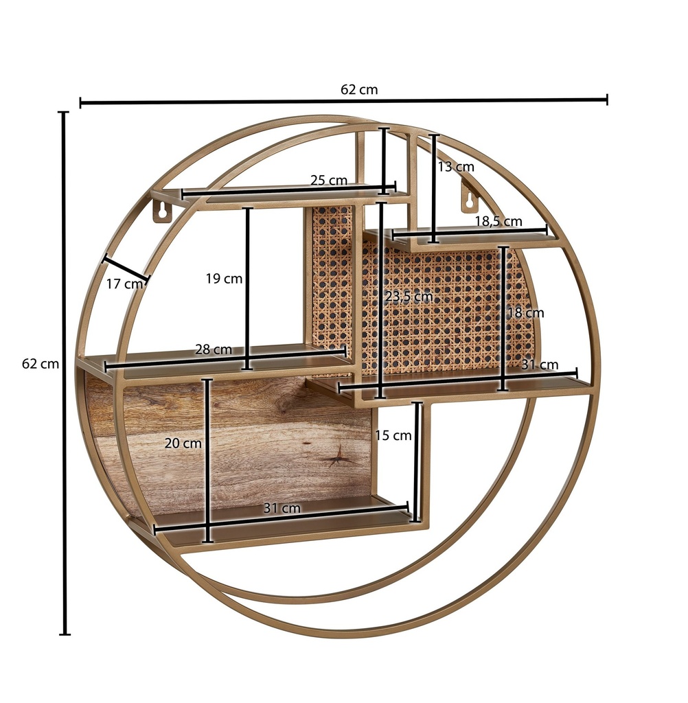 Étagère Murale Rotin 62x62x17 cm Étagère Suspendue Bois Massif/Métal Industriel, Étagère Flottante Tresse Viennoise Murale Ronde_03