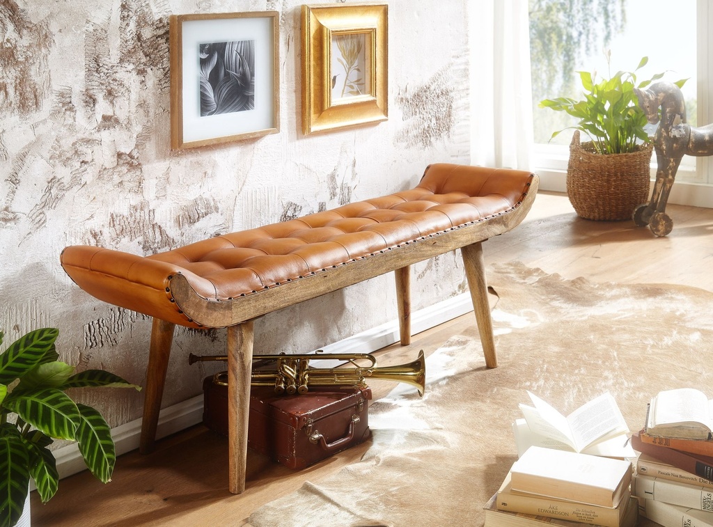 Banc en cuir véritable/bois massif marron 125 x 50 x 38 cm Chesterfield, banc rembourré design pour couloir, banc en cuir, banc de lit 2 personnes_02