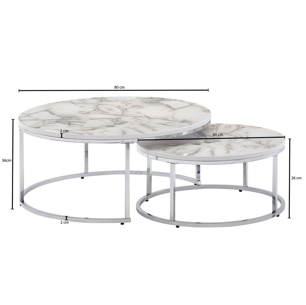 Lot de 2 tables basses rondes aspect marbre blanc argenté, table d'appoint moderne, 2 pièces en métal, tables de salon rondes WL6.509_03