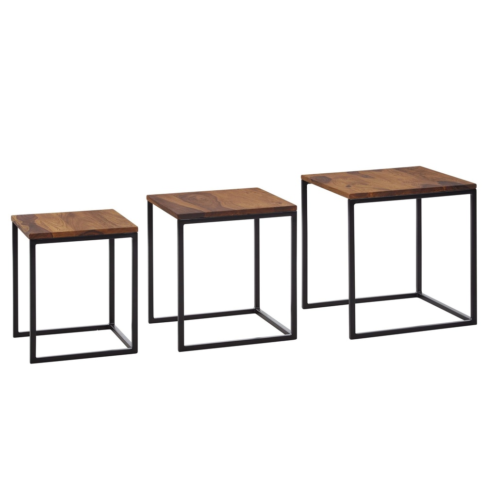 Lot de 3 tables d'appoint carrées en bois massif/métal Sheesham, design moderne, table basse 3 pièces, table de salon, gain de place WL6.520_06