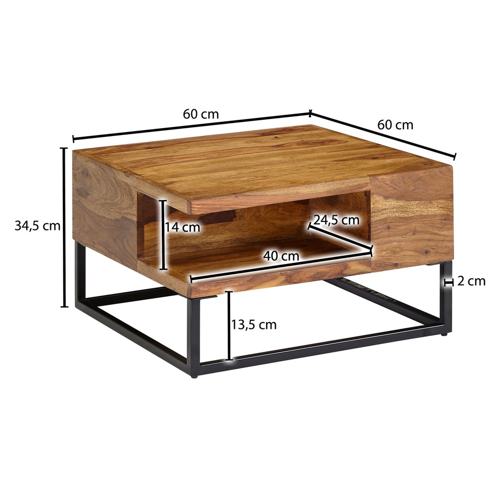 Table basse 60x60x34,5 cm en bois massif de Sheesham/table de canapé carrée en métal, table de salon avec espace de rangement, table basse solide_03