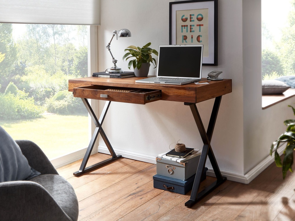 Bureau 120x55x78 cm Bois Massif Sheesham/Métal Noir, Table de Bureau Design avec Tiroir_06