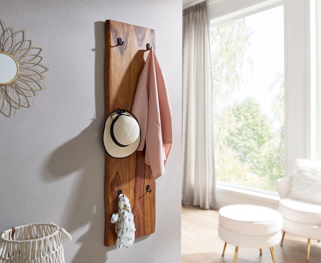 Porte-manteau mural Sheesham bois massif / métal 40x140x7 cm avec bord d'arbre, porte-manteau design porte-manteau de couloir à 2 rangées mur, porte-manteau bois_02