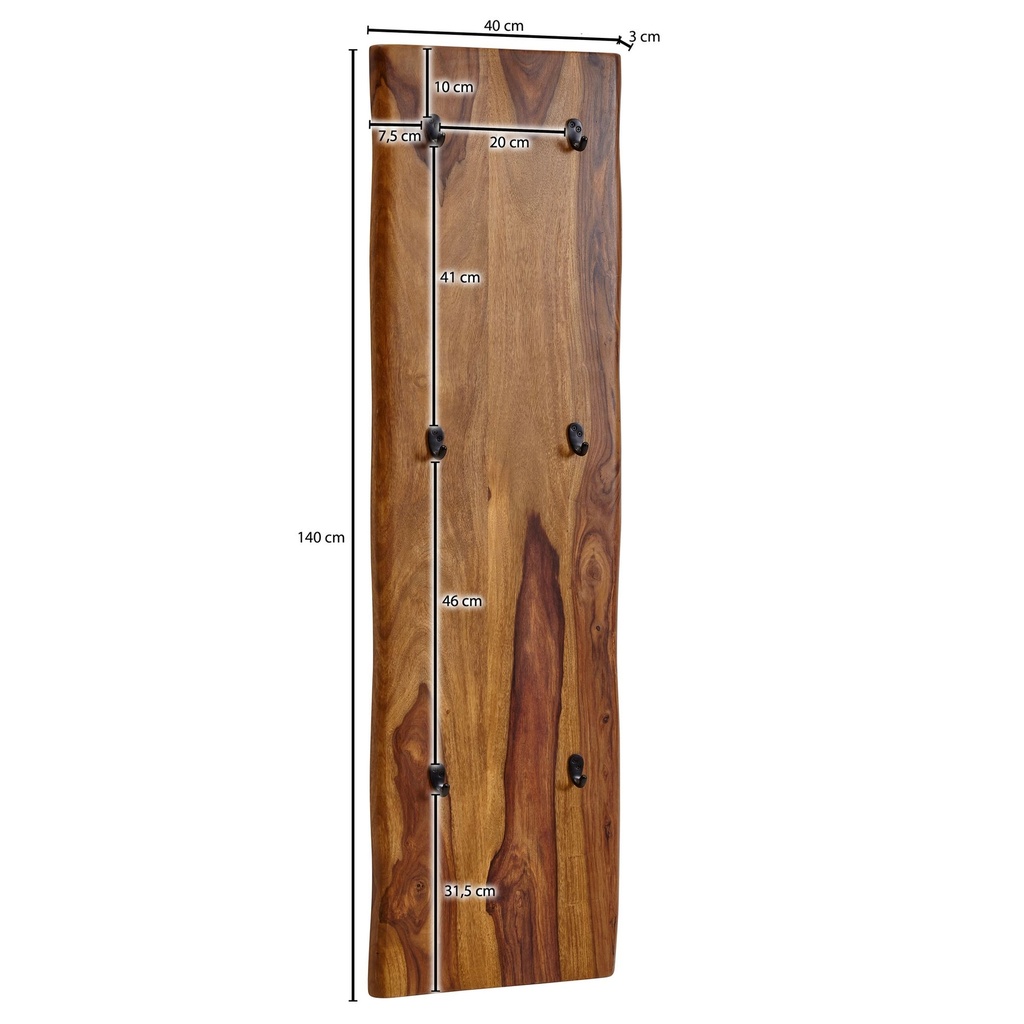 Porte-manteau mural Sheesham bois massif / métal 40x140x7 cm avec bord d'arbre, porte-manteau design porte-manteau de couloir à 2 rangées mur, porte-manteau bois_03