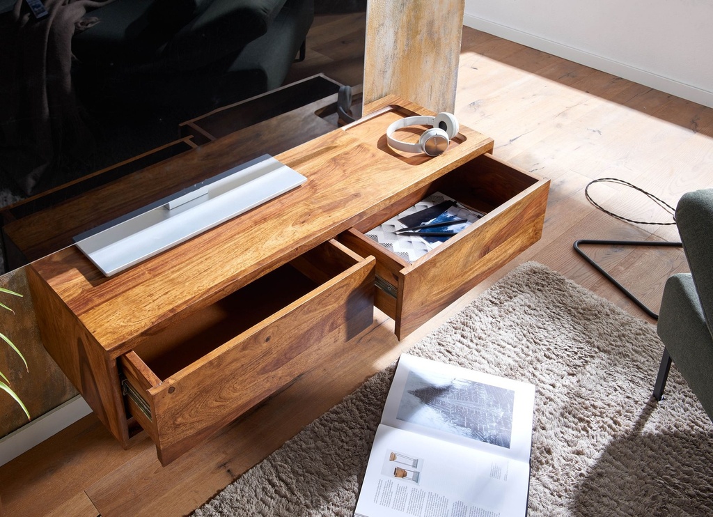 Lowboard Suspendu en Bois Massif Sheesham 108x25x34 cm Meuble TV Marron, Table TV Design avec Espace de Rangement, avec Deux tiroirs_04