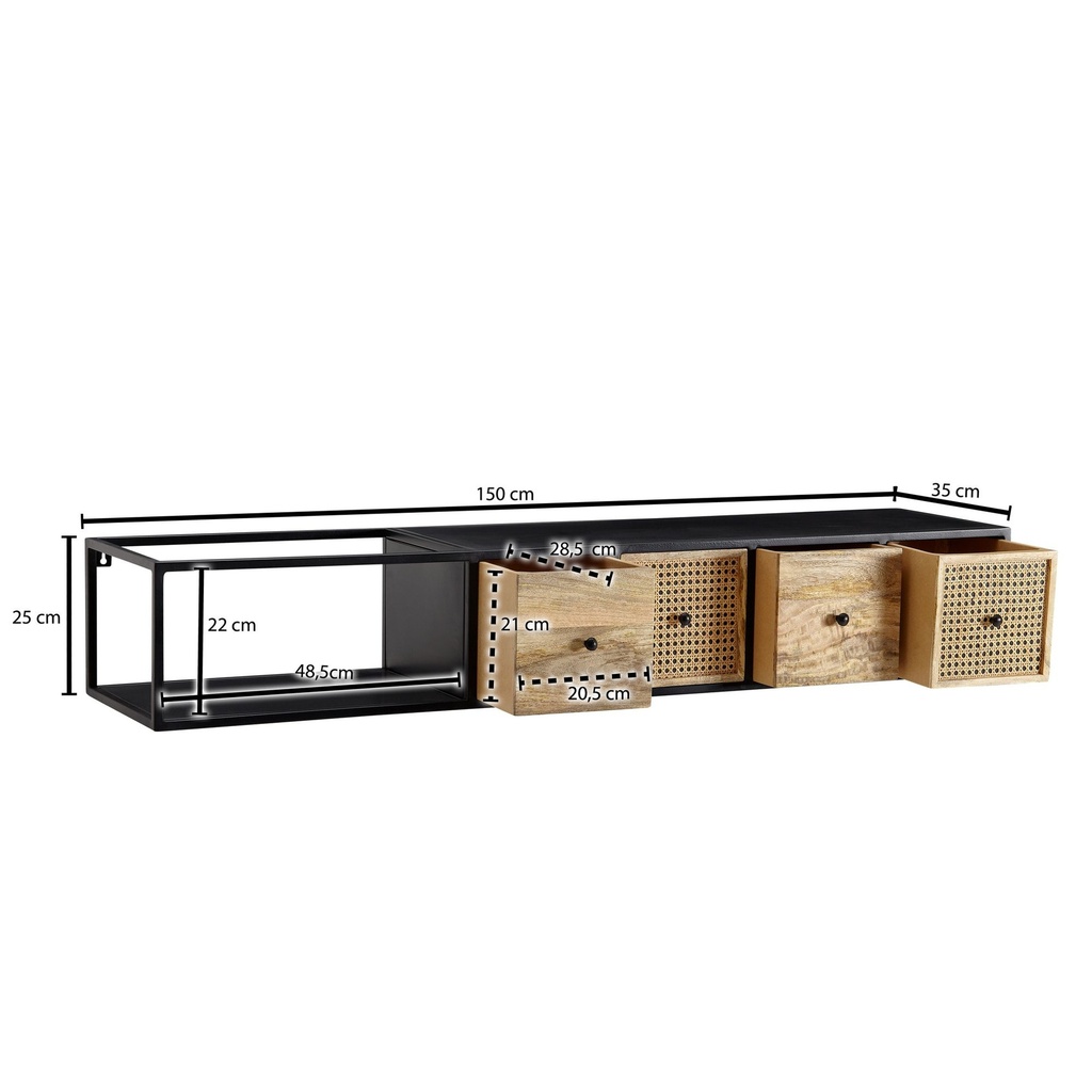 Lowboard suspendu en manguier massif/métal 150x25x35 cm meuble TV noir, table TV design tresse viennoise moderne_03