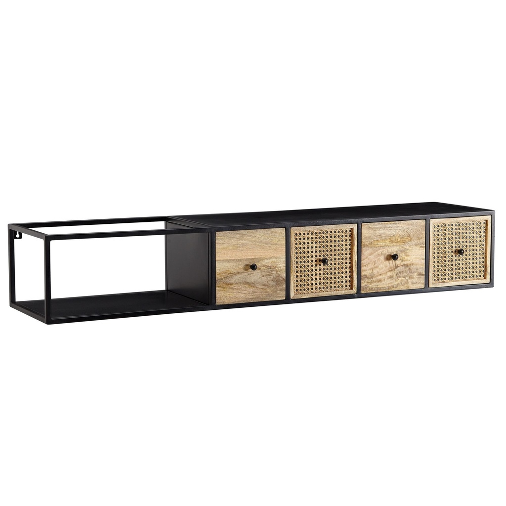 Lowboard suspendu en manguier massif/métal 150x25x35 cm meuble TV noir, table TV design tresse viennoise moderne_07